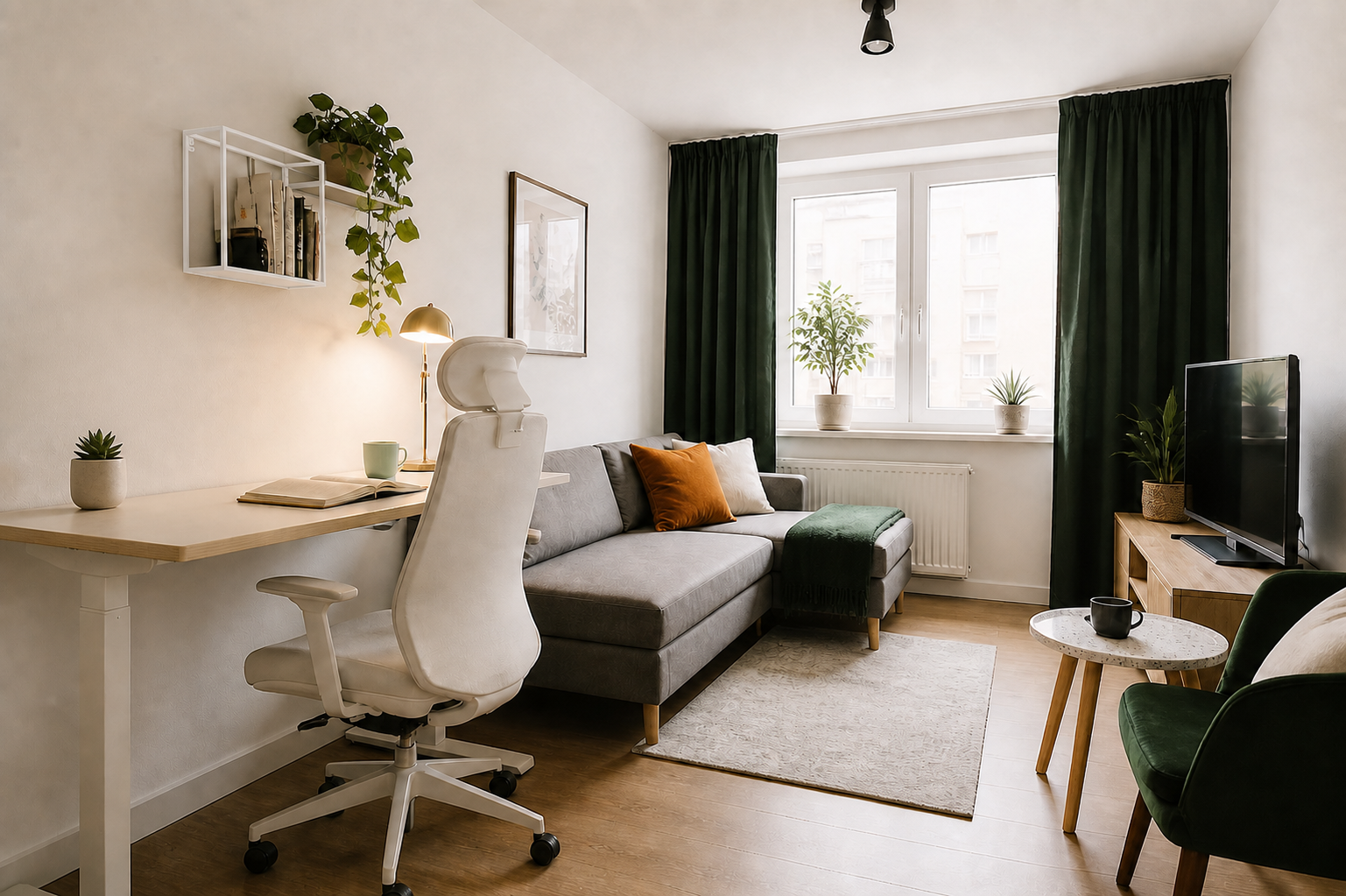 A compact living room with an integrated home office, orange accents and deep green curtains