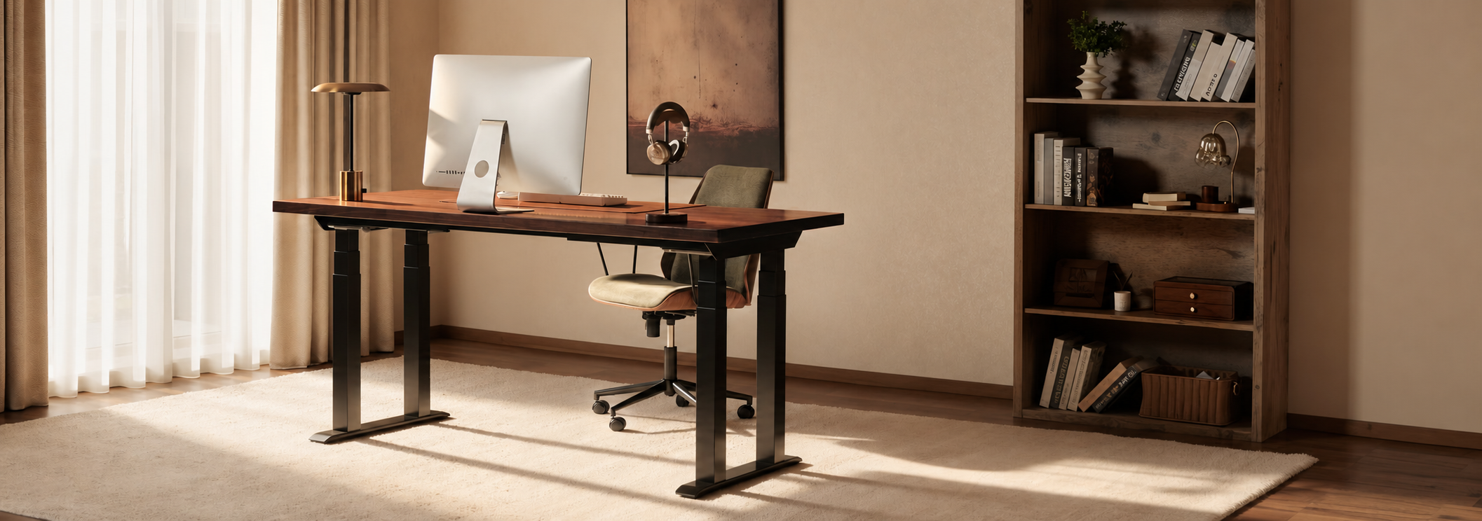 FlexiSpot E7 Plus Max standing desk in a warm, sunlit home office