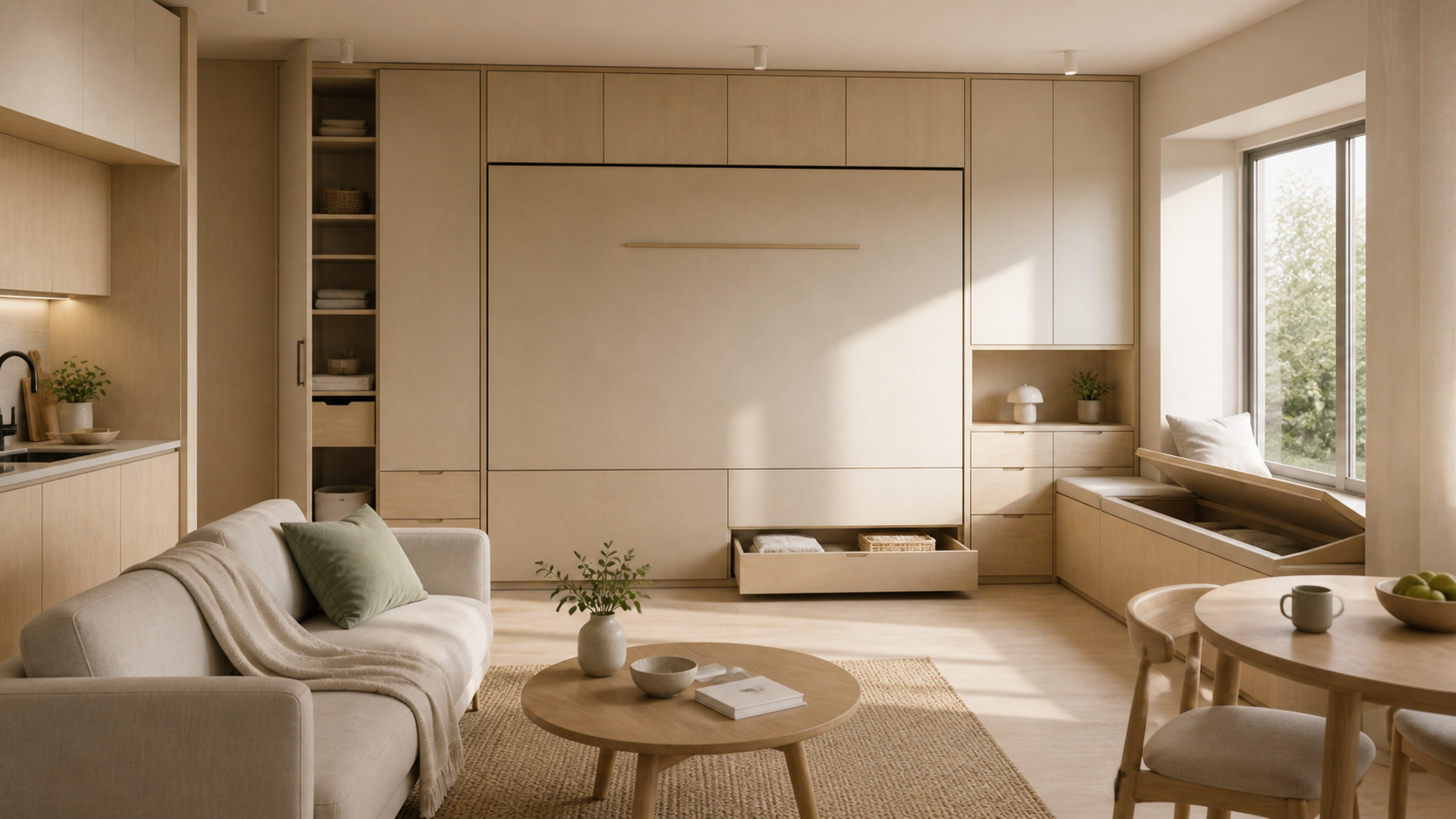 Compact apartment with a floor-to-ceiling storage wall, concealed bed, open drawer and window-seat compartment
