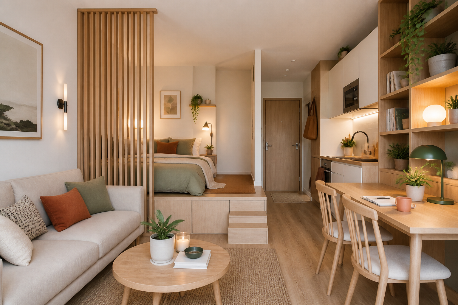 Open-plan studio arranged into living, dining and raised sleeping zones with a light oak slatted divider