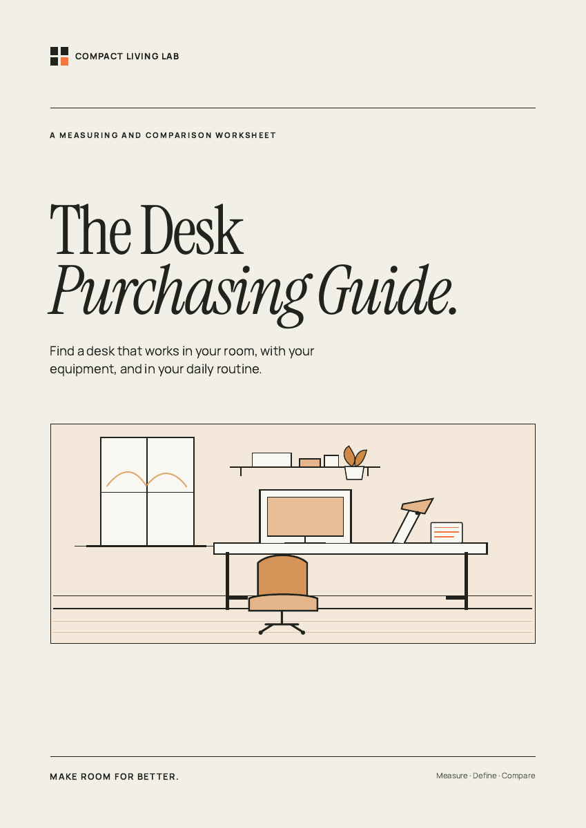 Cover of The Desk Purchasing Guide, with a line drawing of a compact desk setup