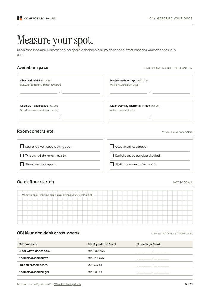 Worksheet for measuring wall width, desk depth, chair clearance and room constraints