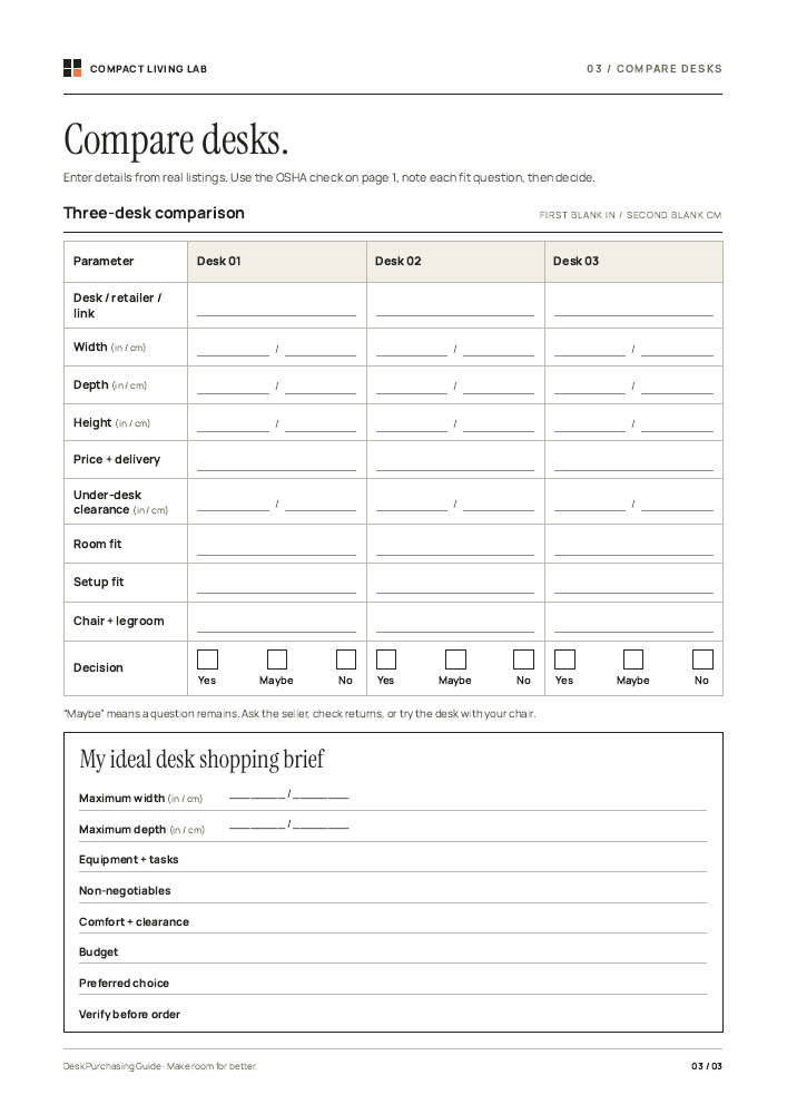 Three-desk comparison table and shopping brief worksheet