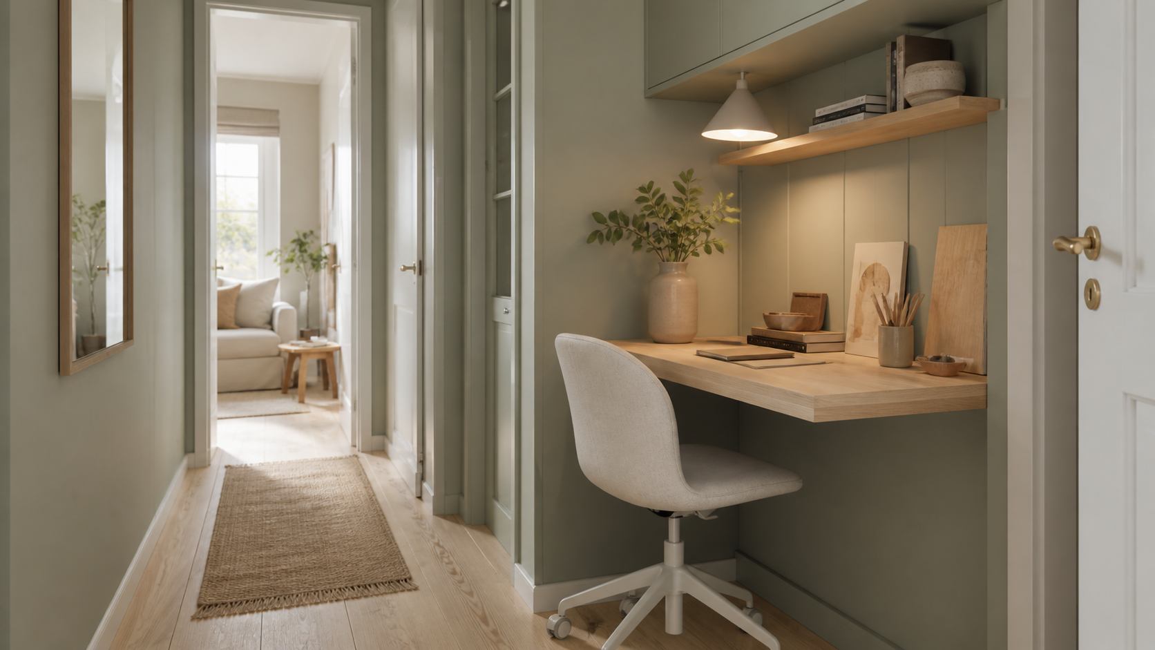 A shallow pale-oak desk and tucked-in chair fitted along one wall of a clear residential hallway