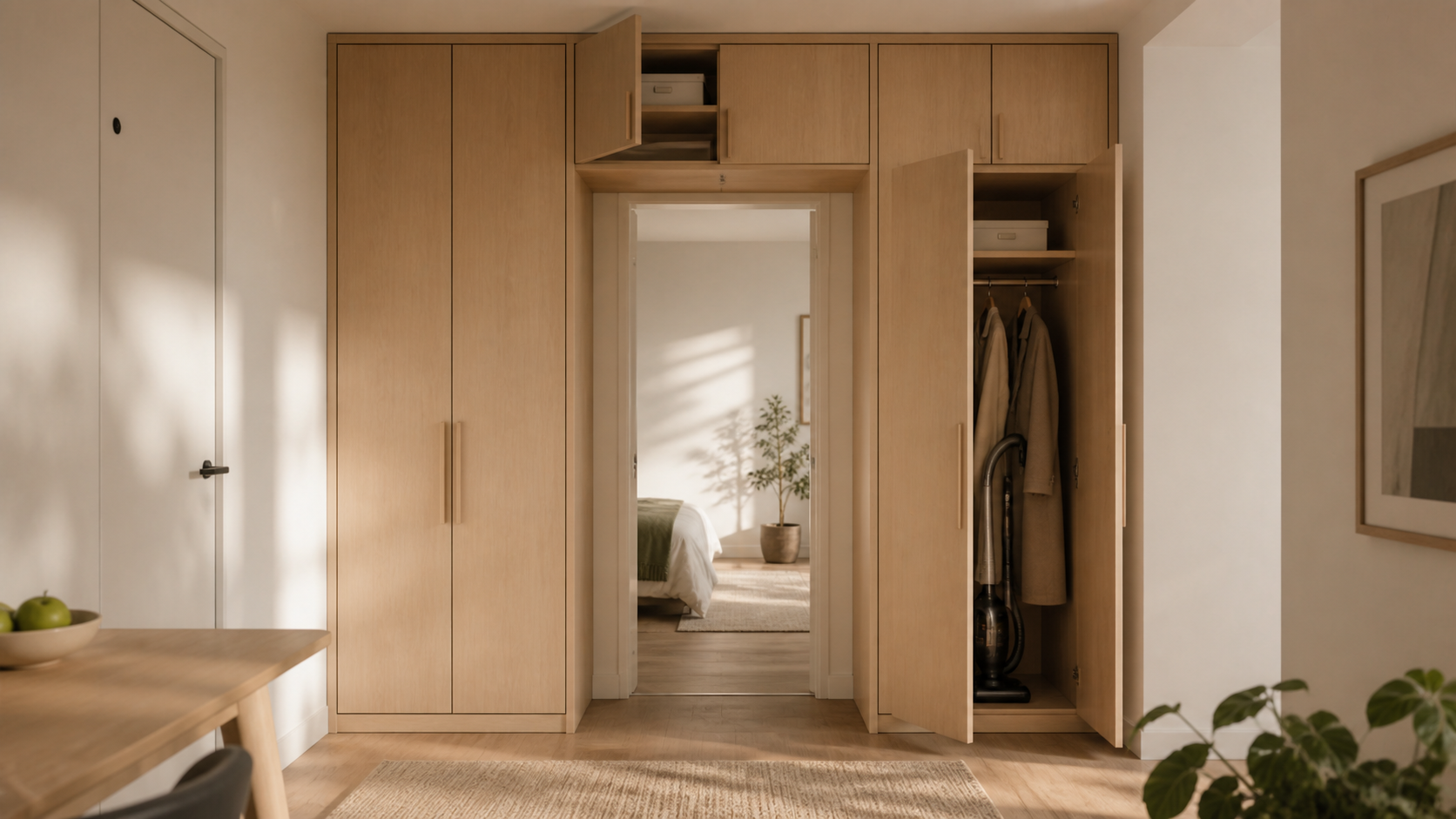 Pale-oak cabinets framing a clear doorway with coats, a vacuum and seasonal boxes stored inside