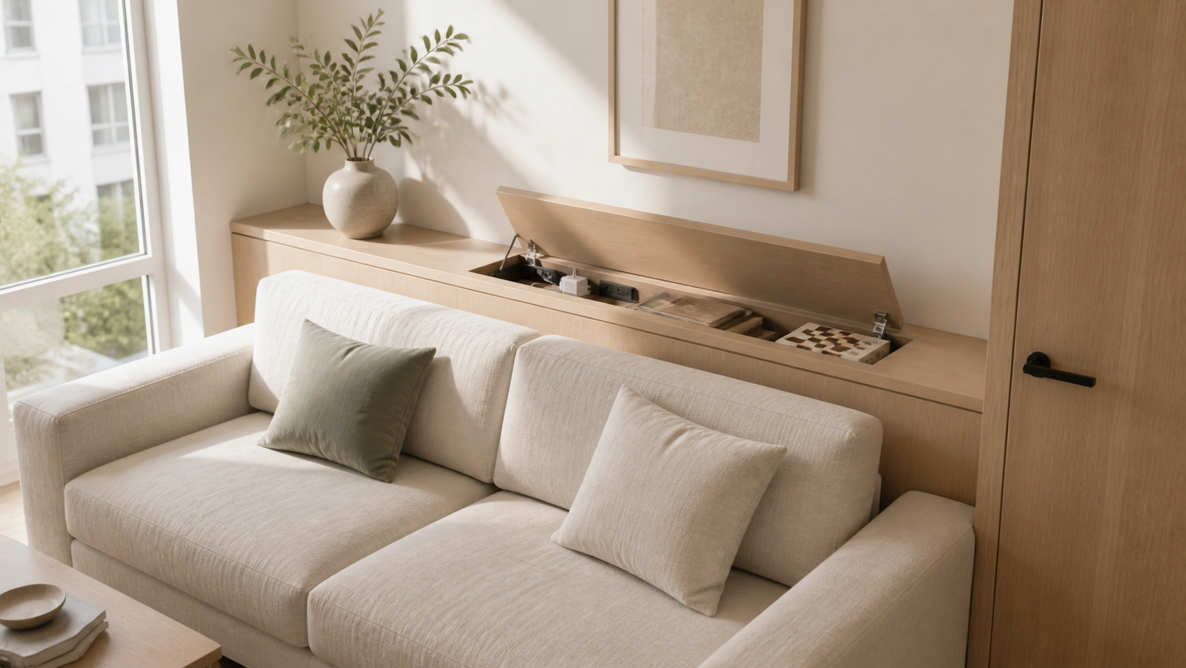 Shallow pale-oak cabinet behind a cream sofa with its top compartment open to reveal organized small items