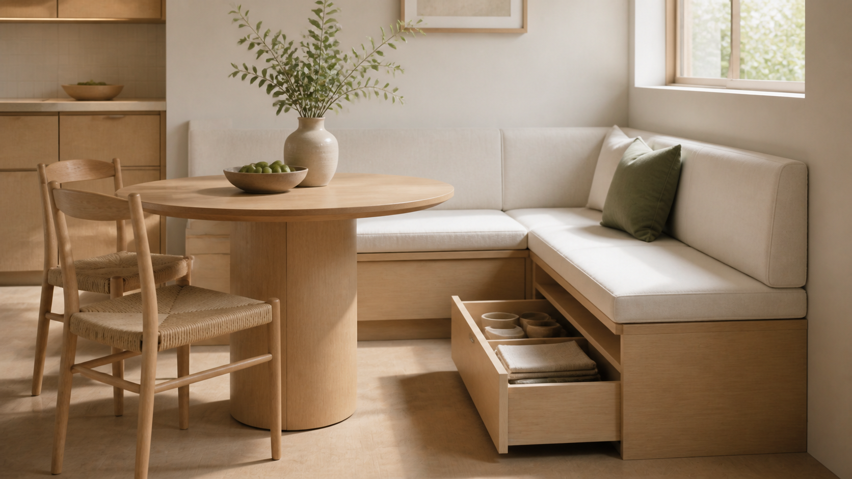 Built-in dining corner with an open drawer beneath the upholstered bench holding linens and serving bowls
