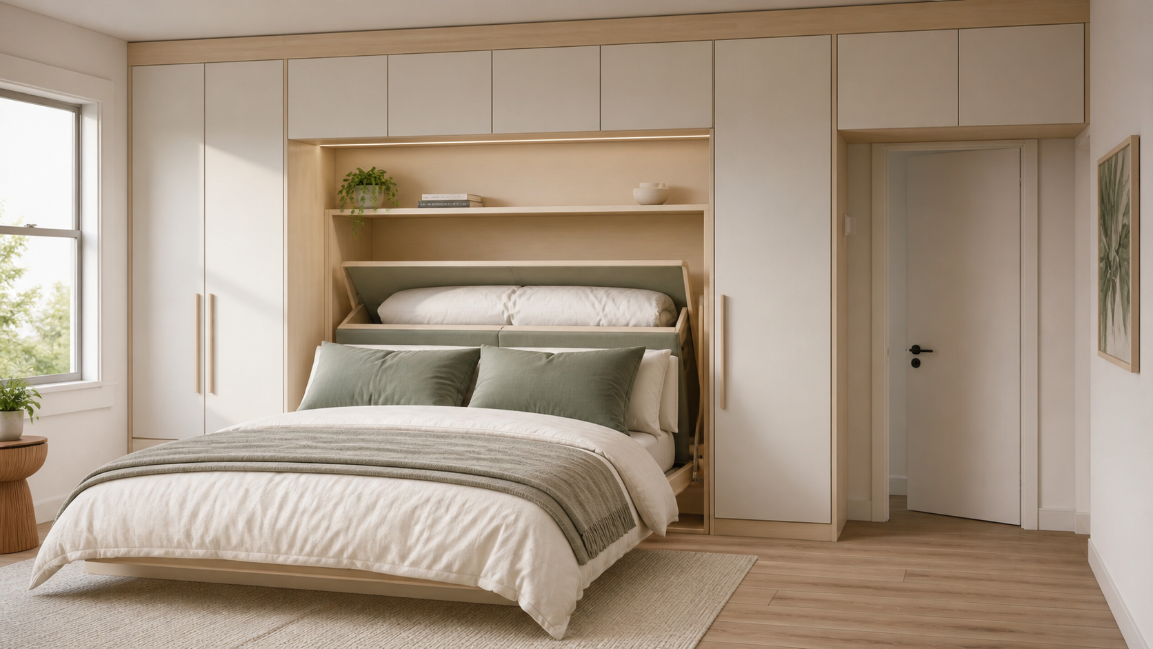 Murphy bed framed by wardrobes with cupboards above the doorway and a duvet compartment behind the headboard
