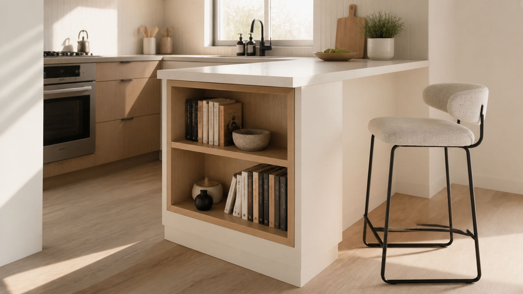 Compact kitchen peninsula with oak shelves holding books and a few small objects