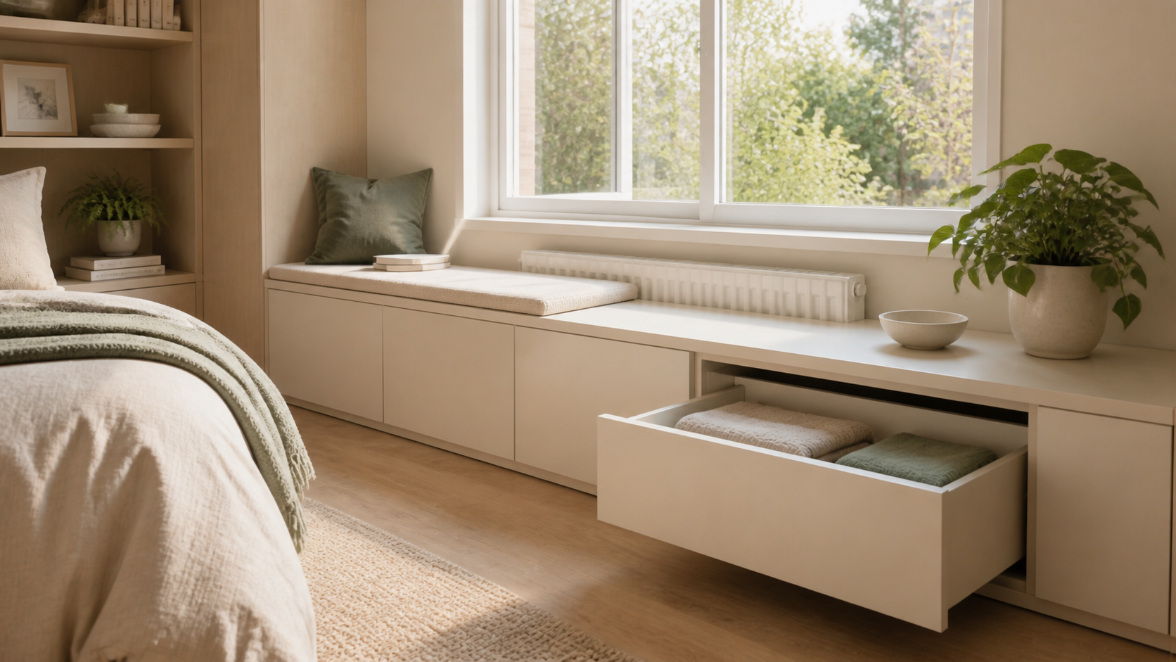Continuous shallow cabinets and an open linen drawer beneath a bright apartment window