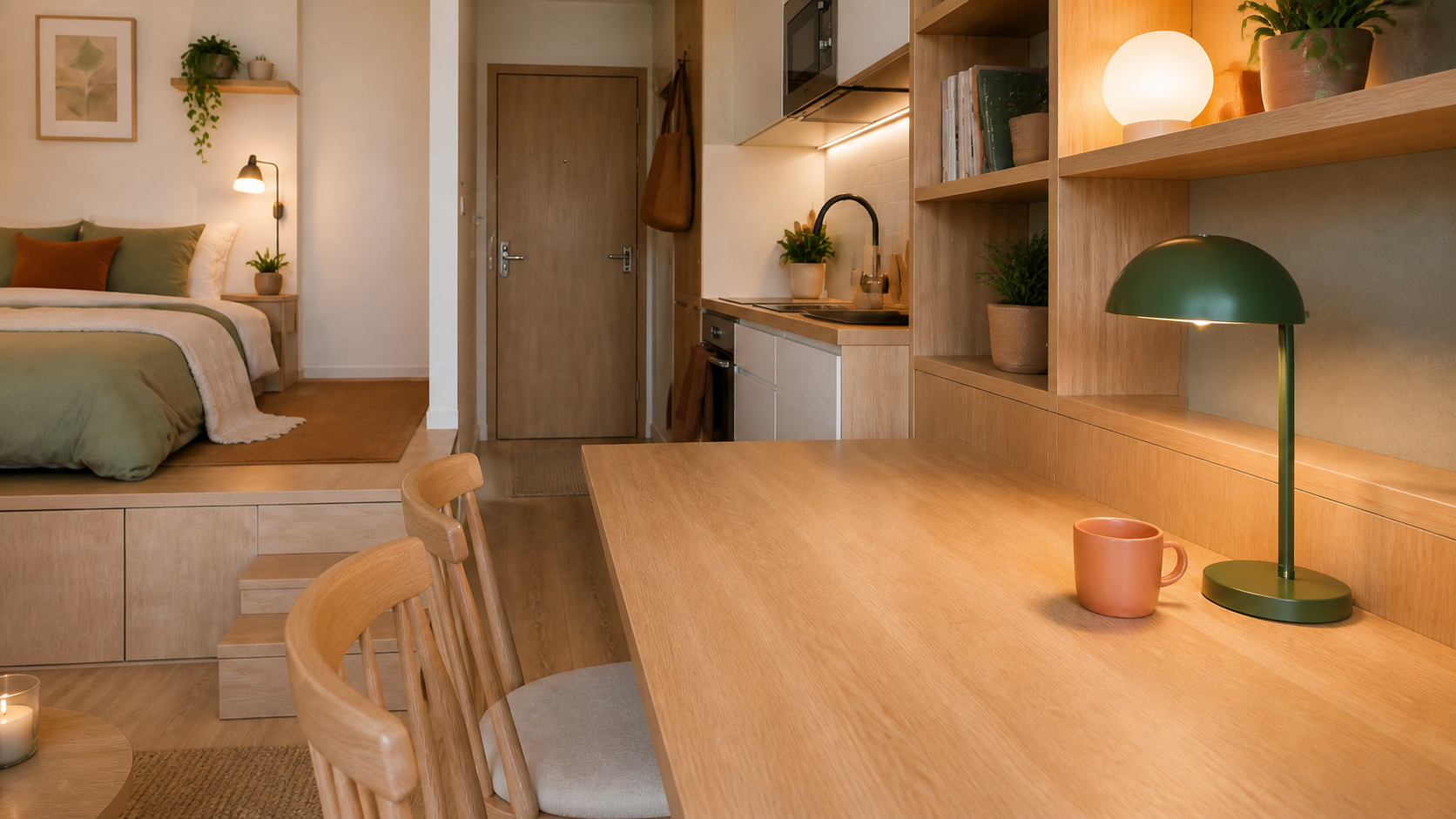 Nearly empty light-oak table with a green task lamp and ceramic cup in the compact apartment