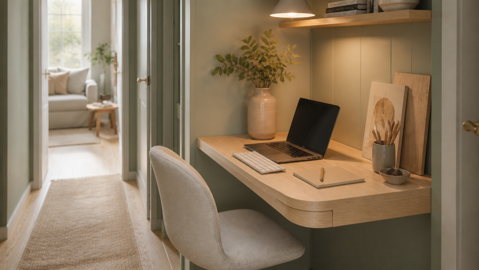 Shallow rounded pale-oak desk holding a laptop, keyboard and notebook while leaving the hallway clear