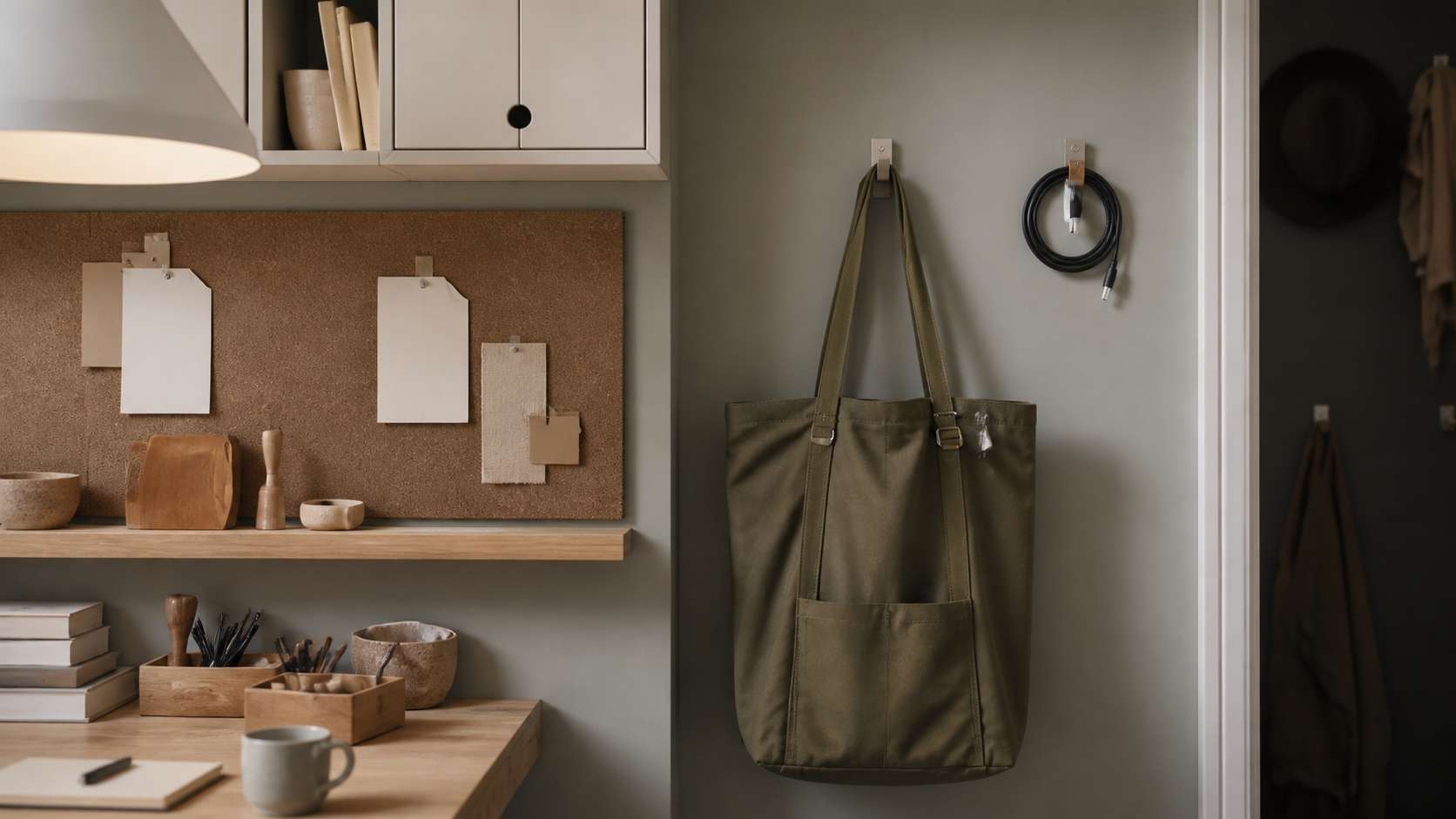 Cork memo board, narrow ledge, closed cabinet, olive work tote and coiled charging cable arranged beside a compact desk