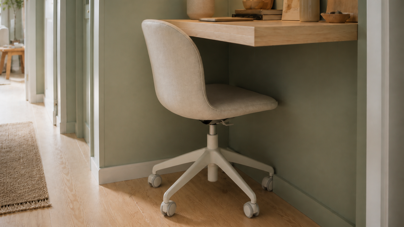 Close-up of a compact cream swivel chair tucked completely beneath a floating hallway desk